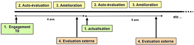 Schéma - 4 étapes successives (4 ans) d’une démarche volontaire d’amélioration continue de la qualité d’une infrastructure de simulation en santé